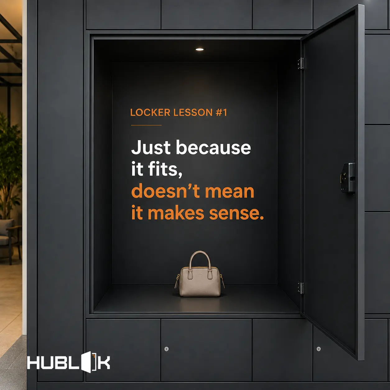 An oversized smart locker containing a small handbag, demonstrating wasted locker space.