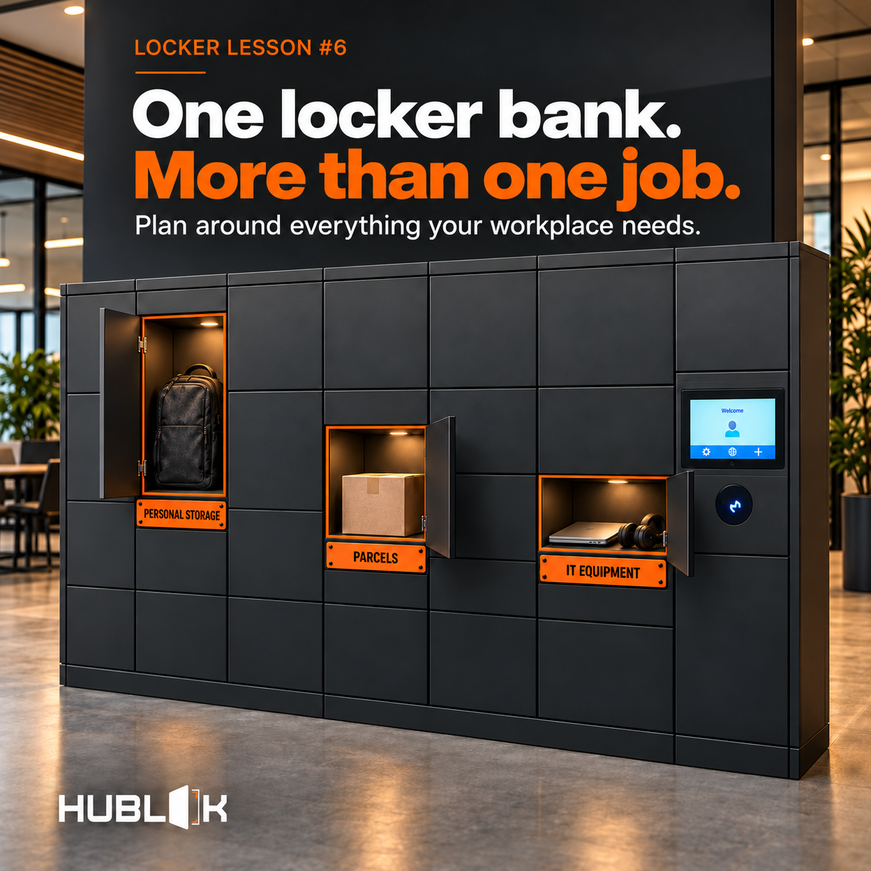 Locker Lesson 6: one smart locker bank with compartments for personal storage, parcels and IT equipment, a landscape touchscreen and a circular illuminated reader.