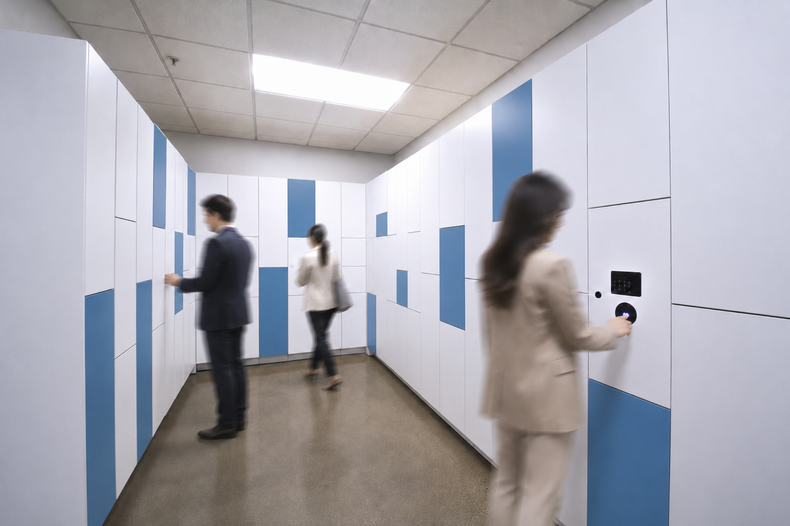 Smart workplace lockers integrated into a contemporary office.